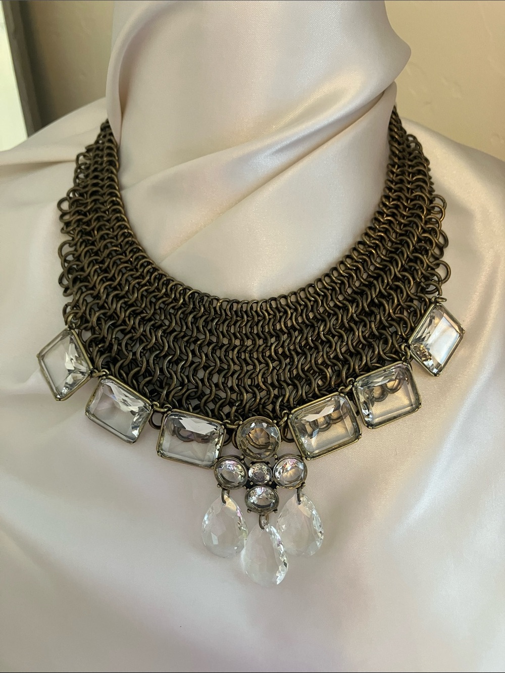 Chico's Bronze-Tone Chainmail Necklace with Clear Crystal Drops